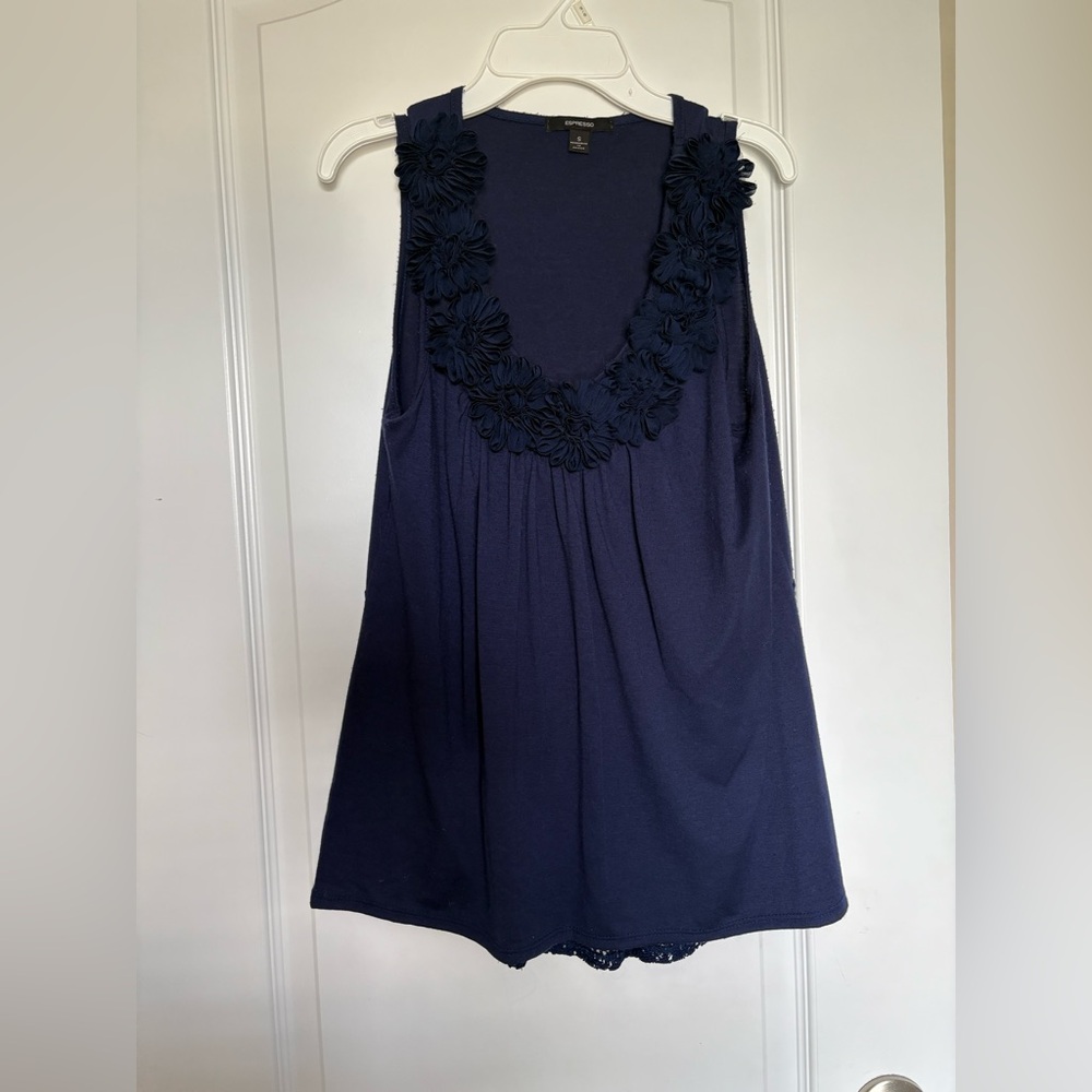 Navy Sleeveless Top with Floral Detail